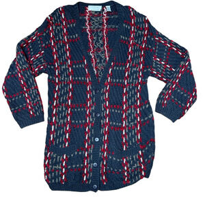 Evan Picone Cardigan Chunky Hand Knit Women's Size Medium Blue Button Poickets